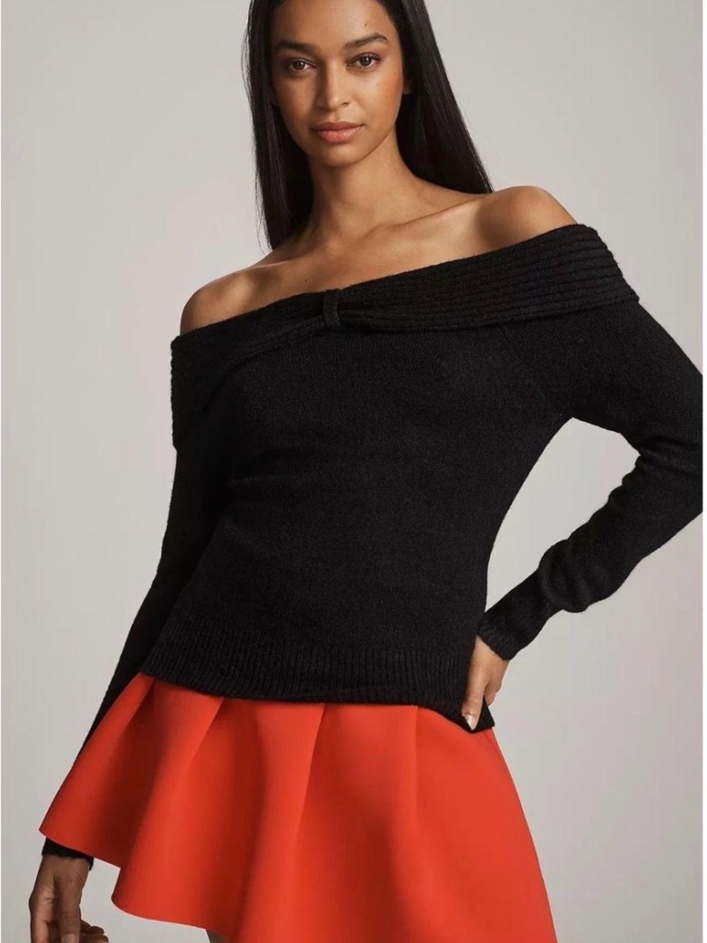 Anthropologie Black Off Shoulder Bow Tie Sweater NWT Medium $118